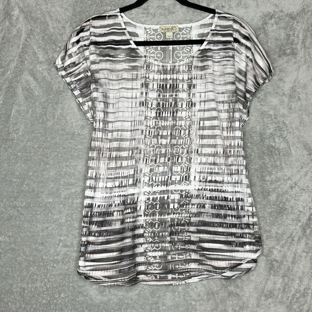 One World XL Top Shirt Gray Striped Cap Short‎ Sleeve Scoop Neck Sheer Womens